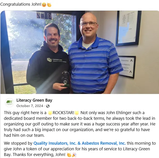 a social media post with a picture of John Ehlinger holding an award presented to him by Literacy Green Bay and one of the board members of Literacy Green Bay.