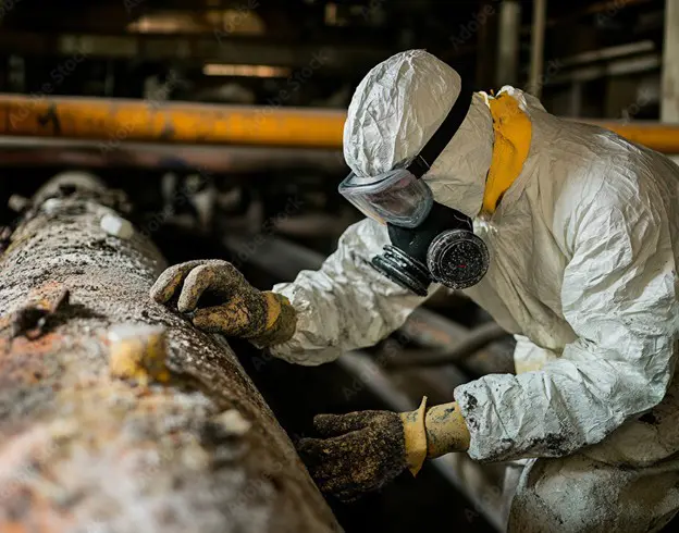 Certified Asbestos removal specialist wearing PPE and a filter mask testing the asbestos on some piping