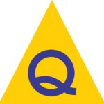 Yellow triangle with purple Q.
